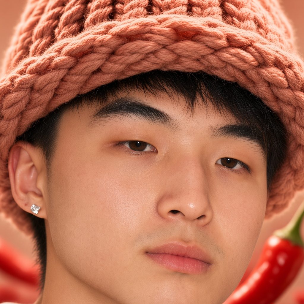 Close-up of the peach knit hat